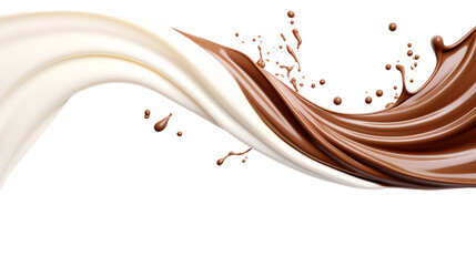 Milk and liquid chocolate mix flowing in a curve on an isolated background