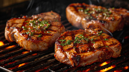 The irresistible sound of sizzling pork chops fills the air as they cook over an open flame and await their flavorful topping of homemade applesauce. - obrazy, fototapety, plakaty