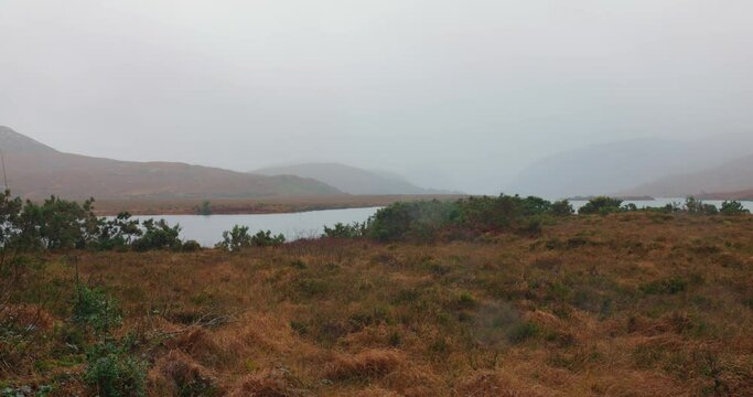 Panorama of the Glenveagh National Park, Ireland on a foggy day.