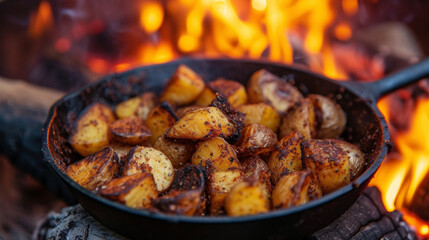 Roasted potatoes seasoned with a fiery blend of chili powder cumin and garlic are served in a cast iron pan straight from the hot coals of a campfire. The scorching heat of