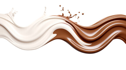 Chocolate and milk mixing splash in a curved shape on an isolated background