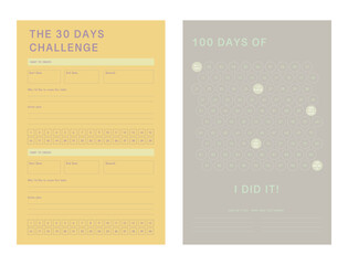 30 Days Challenge and 100days habit planner.  Minimalist planner template set. Vector illustration.	