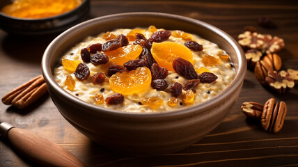 Oatmeal with raisins and dried apricots on wooden background