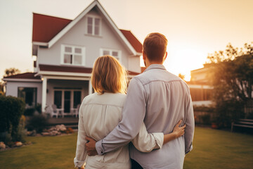 buy new house, home ownership, young couple standing near their new property - 730536234