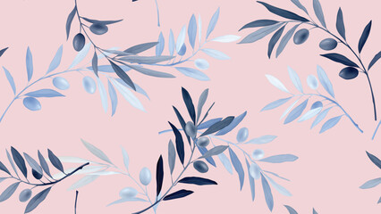 Seamless pattern, blue olive leaf branch on pink background - 730536288