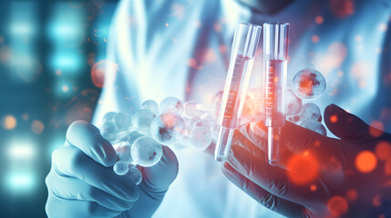 scientist holding medical testing tubes or vials of medical pharmaceutical research with blood cells and virus cure using DNA genome sequencing biotechnology as wide banner