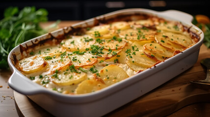 Potato casserole with cheese and herbs on a wooden table