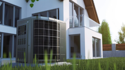 Obraz premium An air source heat pump is installed outside of a new modern house, providing sustainable and clean energy at home.