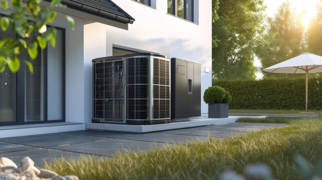 An air source heat pump is installed outside of a new modern house, providing sustainable and clean energy at home.