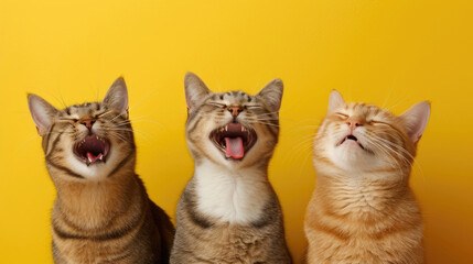 Adult cats' funny expressions on a yellow hue