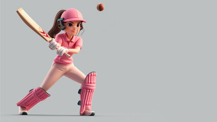 A cartoon cricket player in pink jersey isolated on gray background - obrazy, fototapety, plakaty