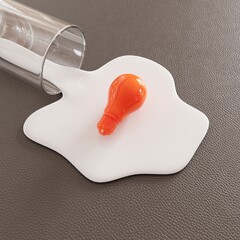 Closeup Orange color Light bulb shape  middle pouring milk glass. Creative idea concept. 3D Rendering. - 730537402