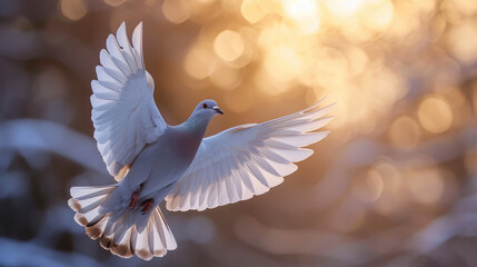 A dove soaring high, captured in mid-flight