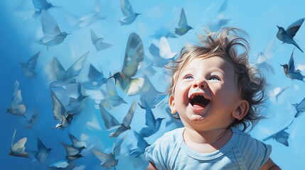 A large number of small birds around the laughing baby.