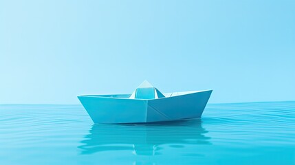 A lonely origami paper boat floating on the water.