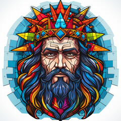 Colorful Stylized Illustration of a Bearded King with Geometric Crown


