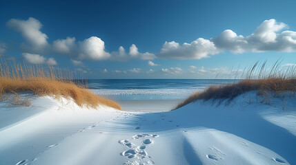 Beach - sand - ocean - blue skies - path to ocean - vacation - getaway -trip - travel - holiday - escape 