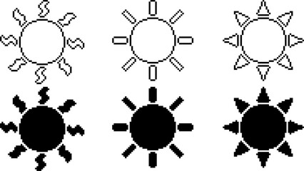 black white pixel art sun icon set