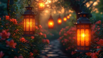 Glowing Pathway Amidst Blooms Lantern-lit Magic in a Garden Haven. Made with Generative AI Technology