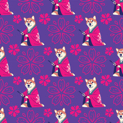 SHIBA DOG IS WEARING YUKATA WITH SAKURA FLOWER SEAMLESS PATTERN