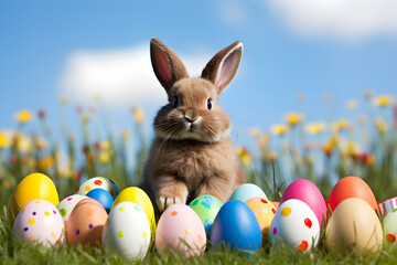 Fototapeta na wymiar Cheerful Easter Bunny Enjoying the Easter Egg Hunt in a Sunny Meadow