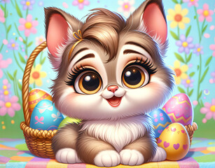 Fototapeta premium A cute cartoon kitten beside a basket of colorful Easter eggs, with vibrant spring flowers in the background