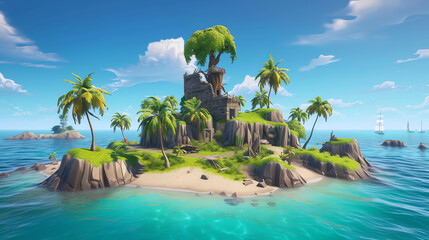 Obraz premium Top View of Island in Cartoon Style