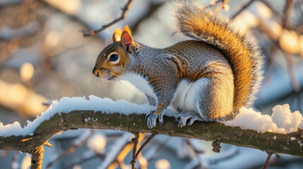 Naklejka na ściany i meble A furry squirrel sits atop a snowcovered branch basking in the suns warm rays.