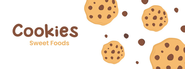 cartoon illustration of chocolate chip butter cookies with copy space for text in the form of a banner or background