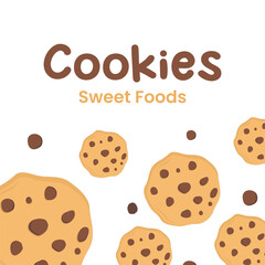 cartoon illustration of chocolate chip butter cookies with copy space for text in the form of a banner or background