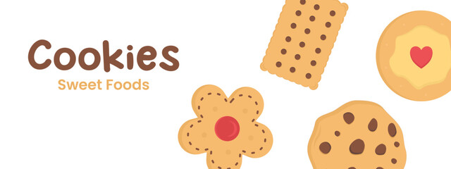 cartoon illustration of chocolate chip butter cookies with copy space for text in the form of a banner or background