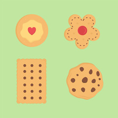 flat illustrations of butter cookies, flower shapes, rectangles, rounds and chocolate chocochips