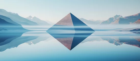 Garden poster Reflection Balanced stone pyramid reflected in mirror-like mountain lake, surrounded by blue mountains.