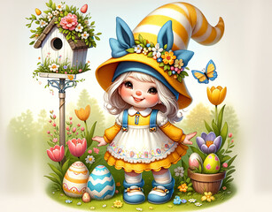 Illustration of an Easter gnome girl, surrounded by spring flowers, decorated eggs, and a birdhouse.