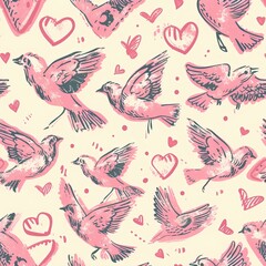 Fototapeta premium Background pattern with pigeon heart and flowers. illustration in cartoon retro style for love valentine festival