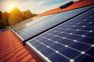 solar panels closeup on the roof of residential house - 730545068