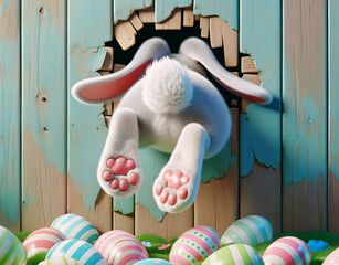 Fototapeta na wymiar The Easter Bunny breaks through a hole in a wooden fence, surrounded by colorful Easter eggs.