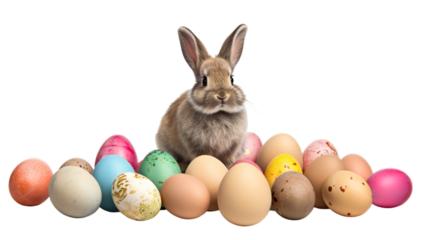 Happy easter, rabbit with eggs isolated on transparent background, Generative ai.