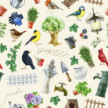Vintage style village garden element seamless pattern. Watercolor painted illustration. Hand drawn countryside garden elements seamless pattern. Fountain, flowers, plants, fence, bird images