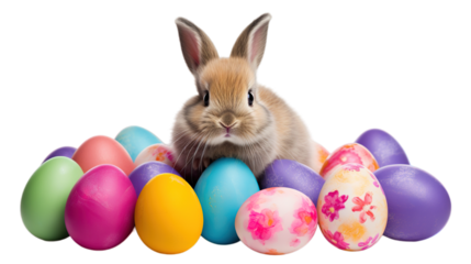 Happy easter, rabbit with eggs isolated on transparent background, Generative ai.