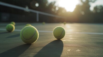 Close-up shots of tennis balls in tennis courts with a mesh as a blurred background And the light shining on the ground makes the image beautiful - obrazy, fototapety, plakaty