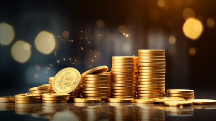 Stacked gold coins illuminate on a blurred bokeh background. Concept of business ideas and design for business finance, inflation, and investment