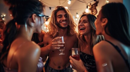 A group of friends at a party all holding drinks but with one member standing out as out of control and inebriated. - obrazy, fototapety, plakaty