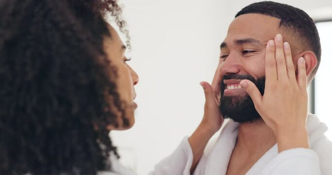 Happy couple, cream and morning in skincare for beauty cosmetics, facial treatment or grooming at home. Woman applying moisturizer, face creme or lotion on man for healthy skin or anti aging at house