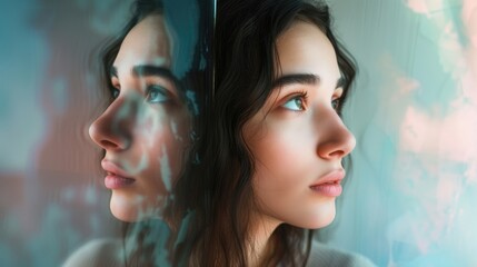 Closeup portrait of a young woman staring into a mirror her expression a mix of confusion and determination as she contemplates her own reflection. - obrazy, fototapety, plakaty