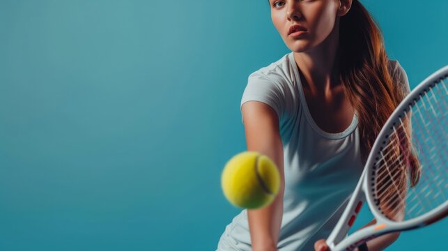 Partial view of sportive young woman holding tennis racket and ball while playing on blue background