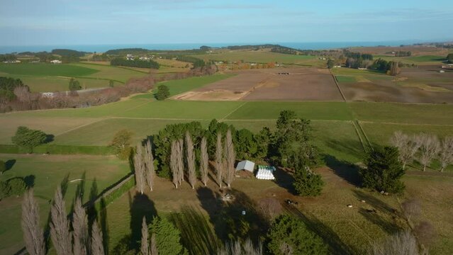 Aerial: Farmland agriculture. Oamaru, Otago, New Zealand.