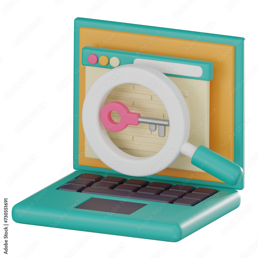 Poster unlocking seo secrets, 3d icon of keyword research and optimization. 3d render