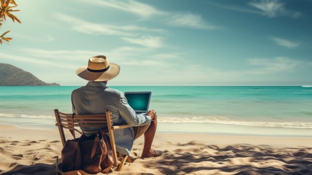Man working remotely: using laptop seated on sandy beach with ocean view, freelancer or digital nomad lifestyle concept.