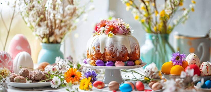 Colorful spring-themed baked goods, including an Easter cake, adorn the festive table, complemented by dried flowers in the composition's decor.